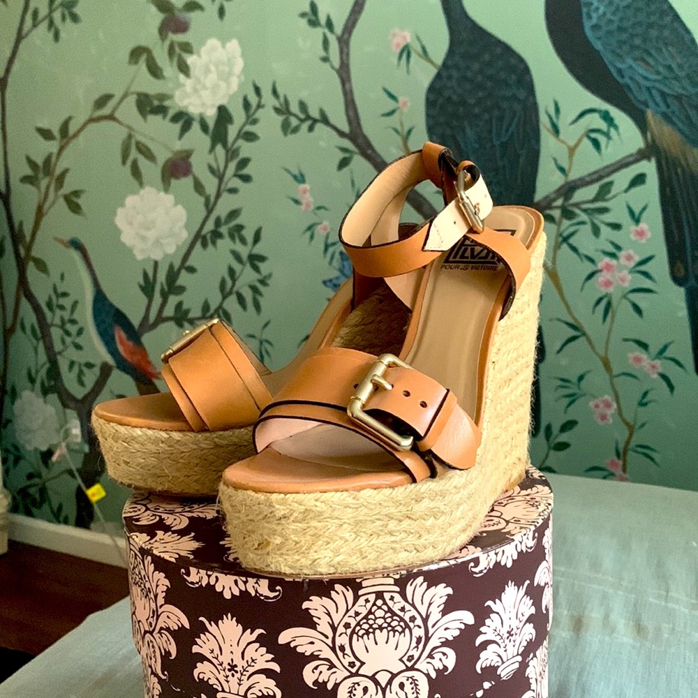Pour La Victoire Jacklyn espadrille platform wedge vachetta sandal leather 9.5